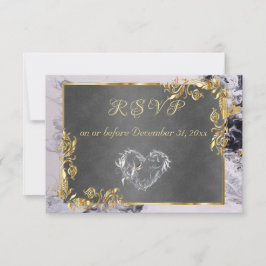 Cartão RSVP Elegant Marble, Grey, Gold Frame, Silver Heart