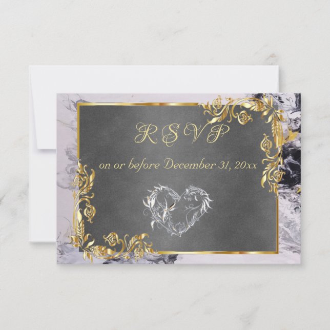 Cartão RSVP Elegant Marble, Grey, Gold Frame, Silver Heart (Frente)