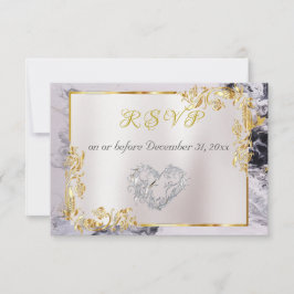 Cartão RSVP Elegant Marble, White, Gold Frame, Silver Heart 