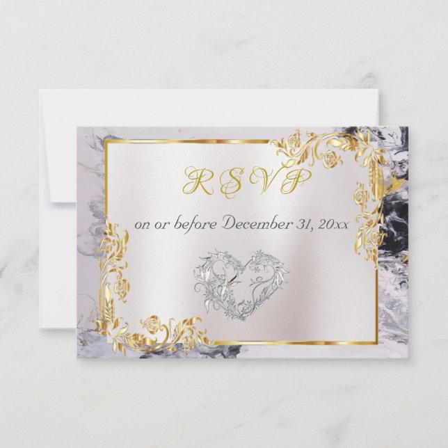 Cartão RSVP Elegant Marble, White, Gold Frame, Silver Heart  (Frente)