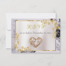 Cartão RSVP Elegant Marble, White, Gold Frame, Silver Heart
