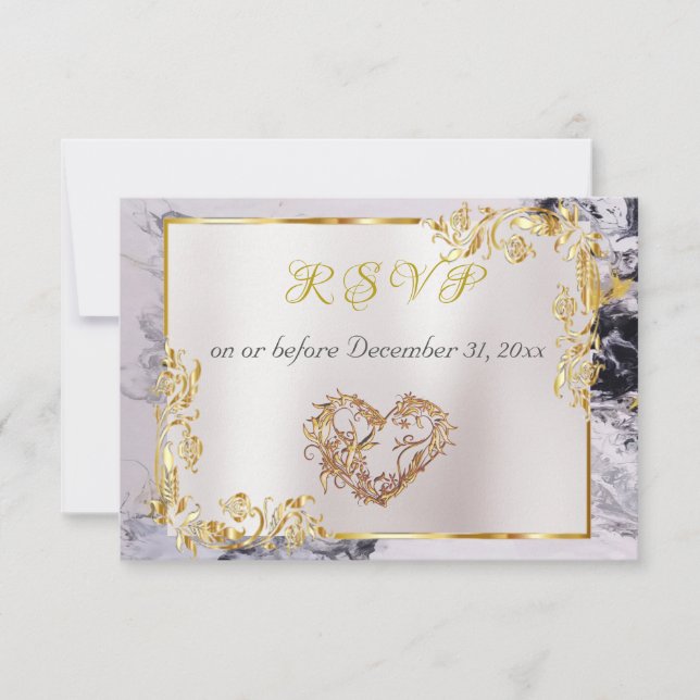 Cartão RSVP Elegant Marble, White, Gold Frame, Silver Heart (Frente)
