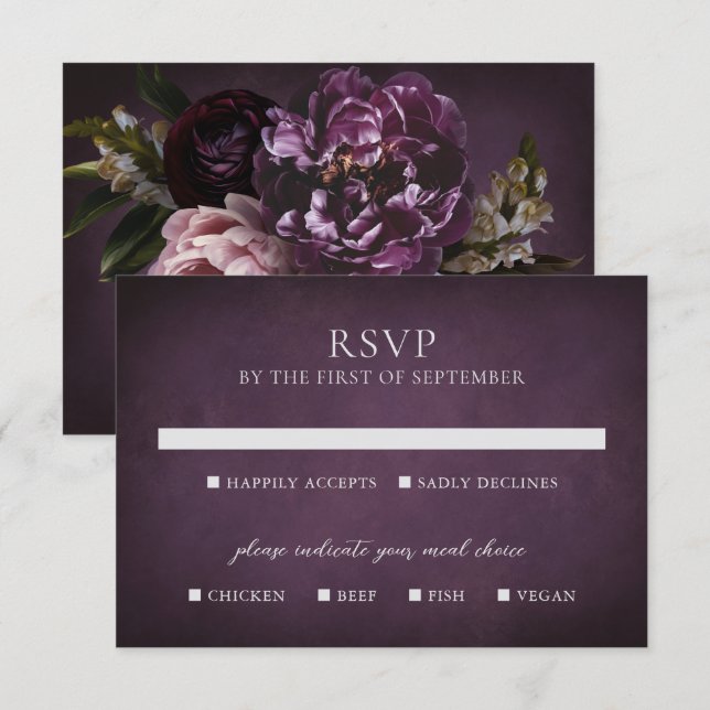 Cartão RSVP Elegant Maximalist Purple Floral Wedding (Frente/Verso)