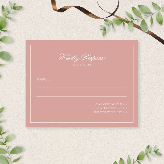 Cartão RSVP Elegant Minimal Dusty Rose Border Script Wedding (Criador carregado)