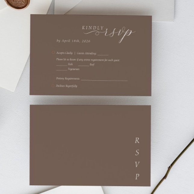 Cartão RSVP Elegant Minimalist Taupe Ivory Script Wedding (Criador carregado)