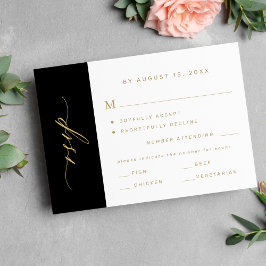 Cartão RSVP Elegant minimalist typography gold black wedding
