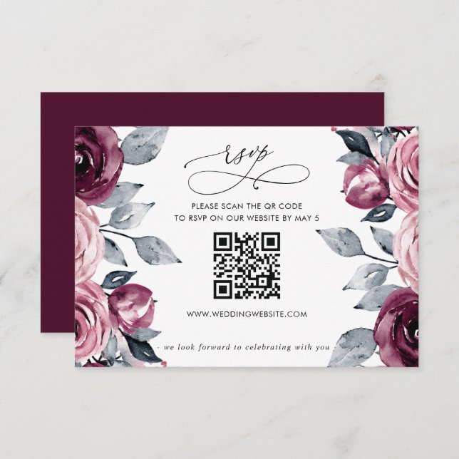Cartão RSVP Elegant Modern Burgundy Floral QR CODE (Frente/Verso)