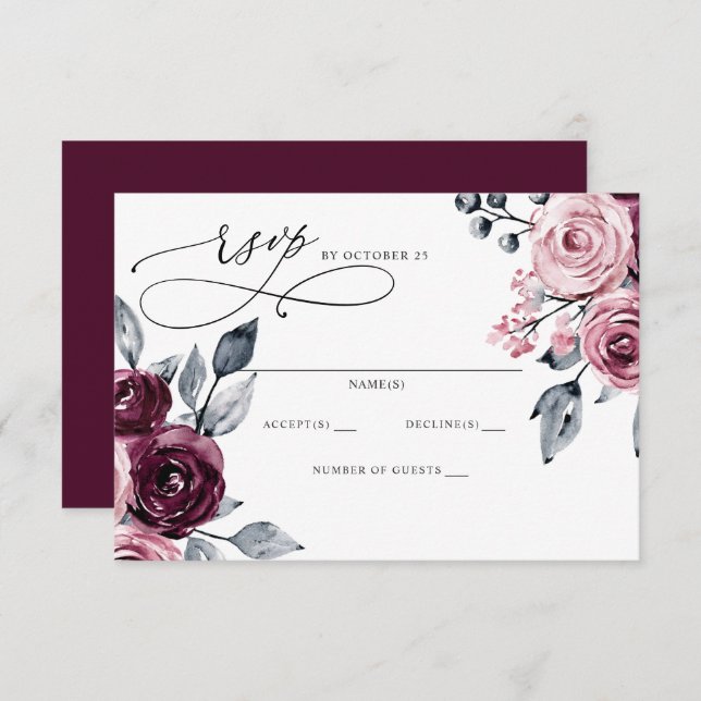 Cartão RSVP Elegant Modern Burgundy Floral Wedding (Frente/Verso)