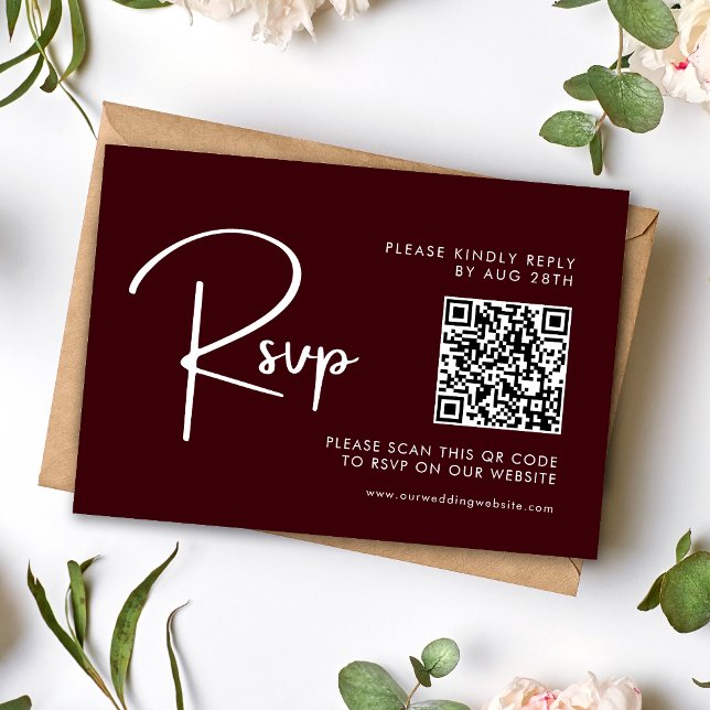 Cartão RSVP Elegant & Modern Burgundy Wedding QR Code (Criador carregado)