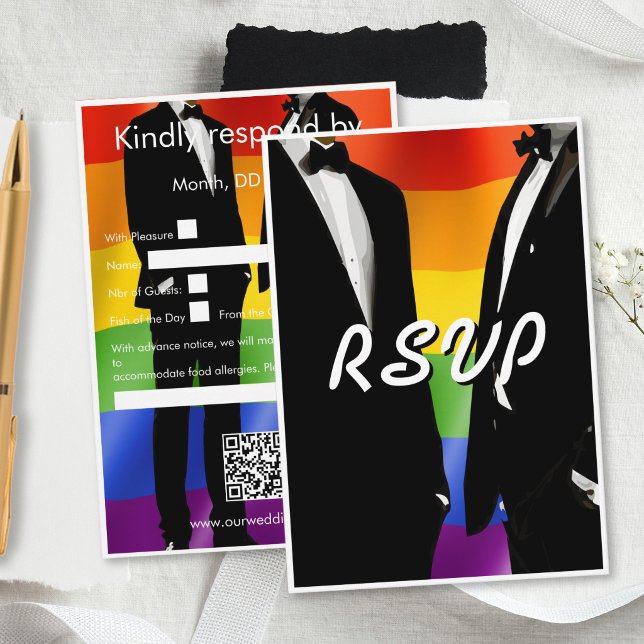 Cartão RSVP Elegant Modern Gay Men Wedding Rainbow (Criador carregado)