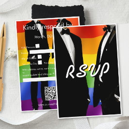 Cartão RSVP Elegant Modern Gay Men Wedding Rainbow QR Code
