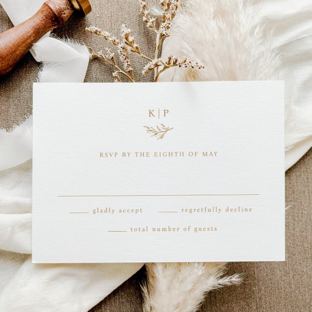 Cartão RSVP Elegant Monogram Greenery Leaves Wedding (Minimal greenery monogram elegant wedding invitation RSVP enclosure cards.)