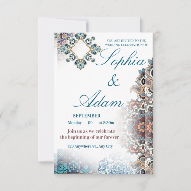 Cartão RSVP Elegant Moroccan Tile Wedding Invitation (Frente)