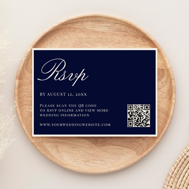 Cartão RSVP Elegant Navy Blue Old Money QR Code Wedding (Criador carregado)