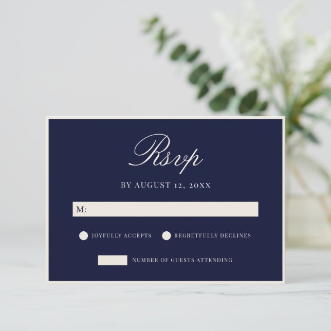 Cartão RSVP Elegant Navy Blue Old Money Wedding (Em pé/Frente)