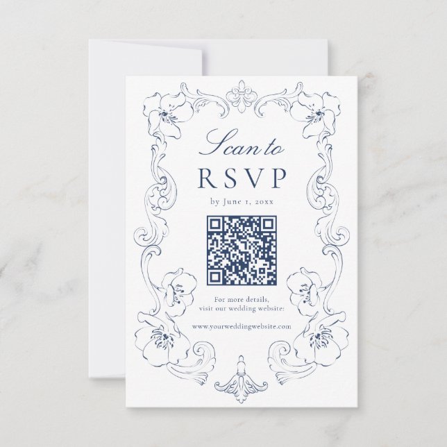 Cartão RSVP Elegant Navy Ornate Floral QR Code Wedding (Frente)