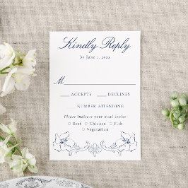 Cartão RSVP Elegant Navy Ornate Floral Wedding