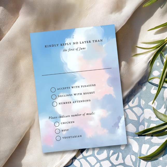 Cartão RSVP Elegant Painted Blue Sky Puffy Pink Clouds Wedding (Criador carregado)