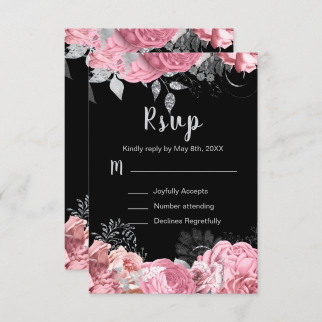 Cartão RSVP Elegant Pink and Silver Flowers Sweet Sixteen (Frente/Verso)