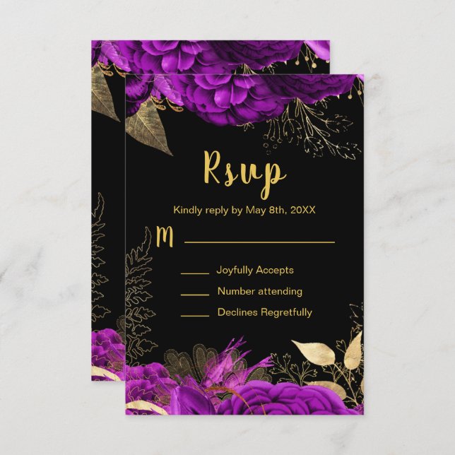 Cartão RSVP Elegant Purple and Gold Flowers Sweet Sixteen (Frente/Verso)