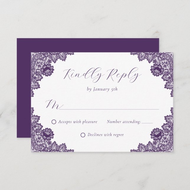 Cartão RSVP Elegant Purple Floral Lace Burlap Hearts Wedding (Frente/Verso)