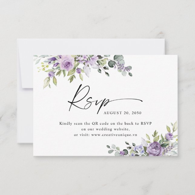 Cartão RSVP Elegant Purple Floral Wedding Website QR Code  (Frente)