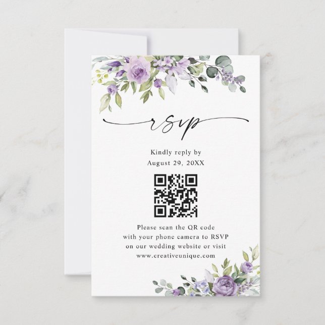 Cartão RSVP Elegant Purple Floral Wedding Website QR Code (Frente)
