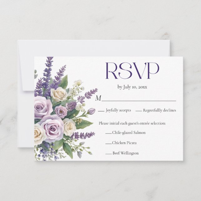 Cartão RSVP Elegant Purple Lavender Roses Wedding Meal Choice (Frente)
