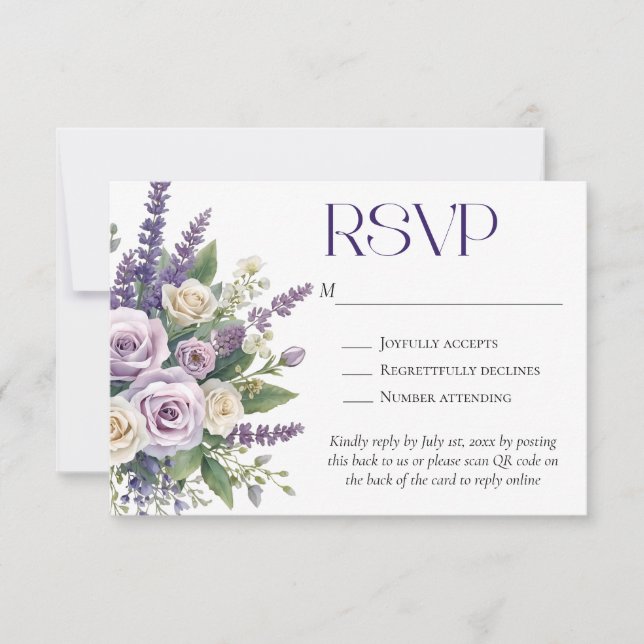 Cartão RSVP Elegant Purple Lavender Roses Wedding QR Code (Frente)