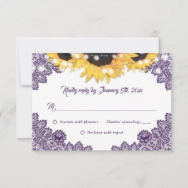 Cartão RSVP Elegant Purple Sunflower Floral Lace Wedding