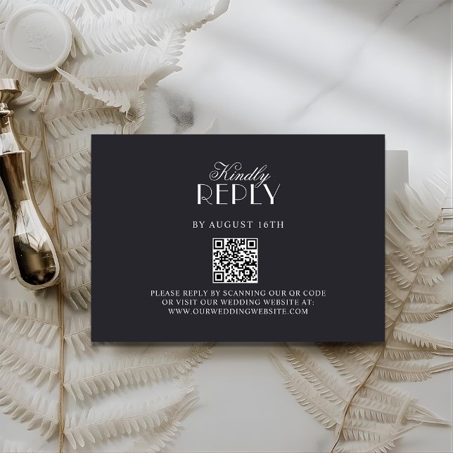 Cartão RSVP Elegant QR Code Black & White Wedding RSV Card (Criador carregado)