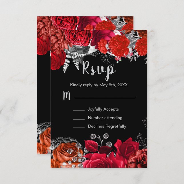 Cartão RSVP Elegant Red and Silver Flowers Sweet Sixteen (Frente/Verso)