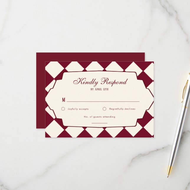 Cartão RSVP Elegant Retro Checkered Burgundy Wedding (Frente/Verso In Situ)