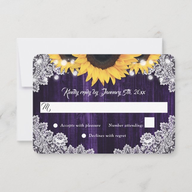 Cartão RSVP Elegant Rustic Purple Wood Lace Sunflower Wedding (Frente)