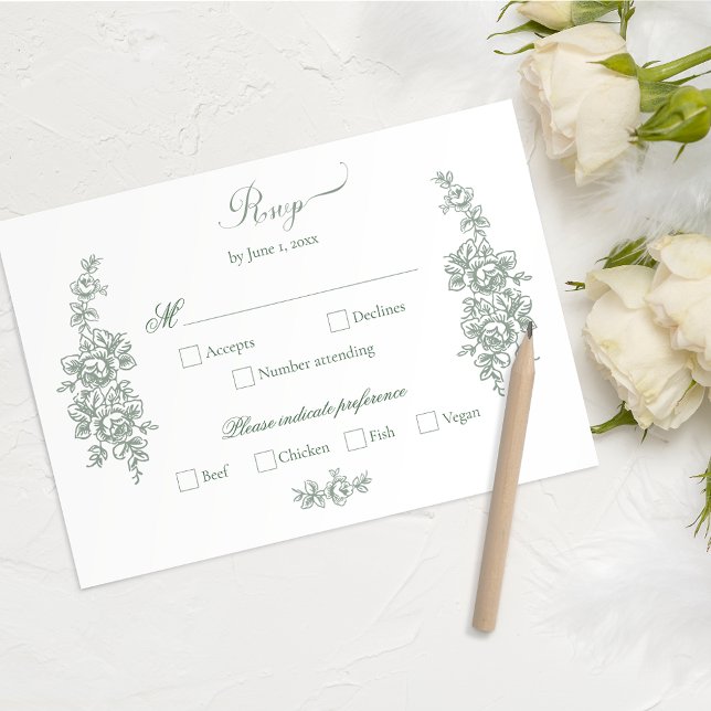 Cartão RSVP Elegant Sage Baroque Roses Wedding (Criador carregado)
