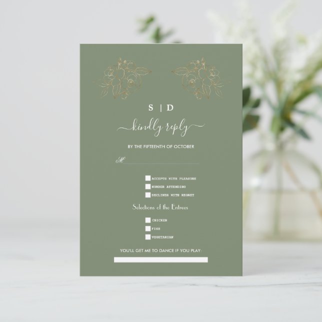 Cartão RSVP Elegant Sage Green Gold Song Request Wedding  (Em pé/Frente)