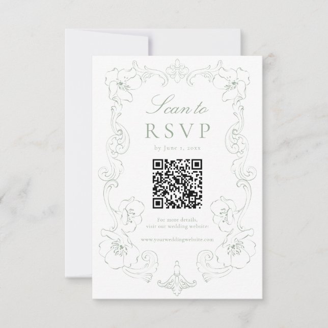 Cartão RSVP Elegant Sage Green Ornate Floral QR Code Wedding (Frente)