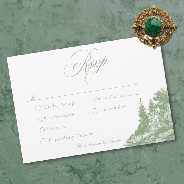 Cartão RSVP Elegant Sage Green Toile French Manor Wedding (Elegant Sage Green Toile French Manor Wedding RSVP Card)