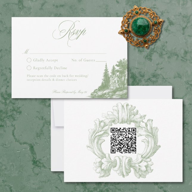Cartão RSVP Elegant Sage Green Toile French Manor Wedding QR (Elegant Sage Green Toile French Manor Wedding QR RSVP Card)