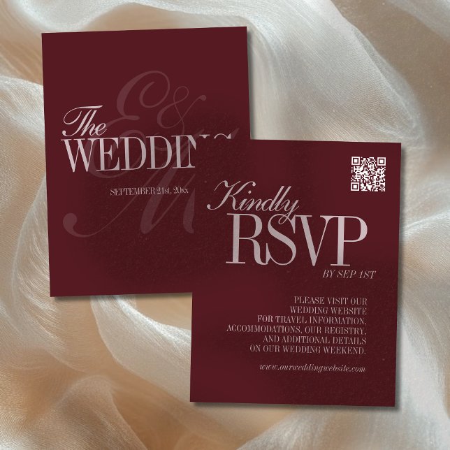 Cartão RSVP Elegant Script Burgundy Red QR Code Formal Wedding (Announce your upcoming wedding to guests with this Elegant Script Burgundy Red Formal Wedding RSVP!)