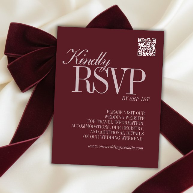 Cartão RSVP Elegant Script Burgundy Red QR Code Formal Wedding (Elegant Script Burgundy Red QR Code Formal Wedding RSVP Card)