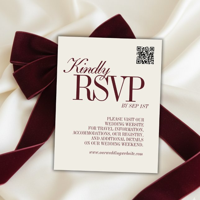 Cartão RSVP Elegant Script Burgundy Red QR Code Formal Wedding (Elegant Script Burgundy Red QR Code Formal Wedding RSVP Card)