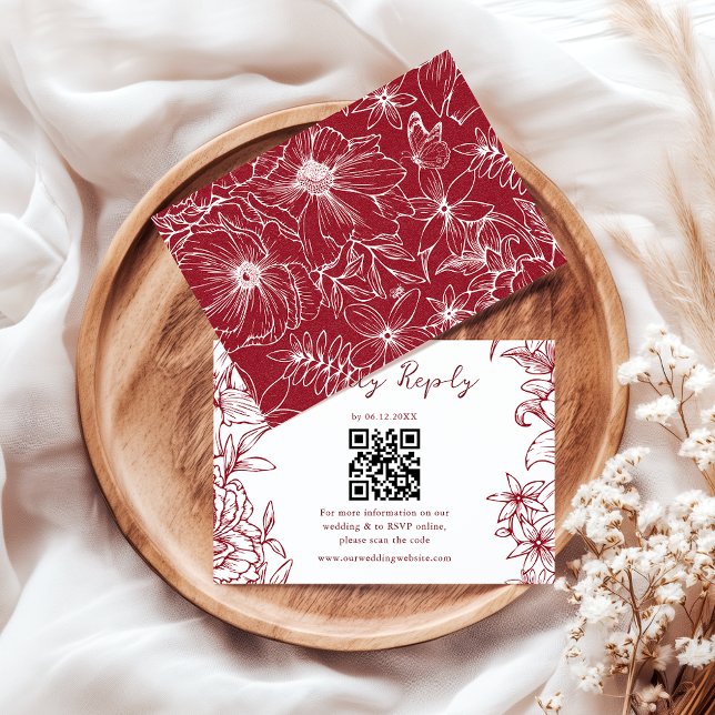 Cartão RSVP Elegant Simple Burgundy Floral QR Code Wedding (Criador carregado)