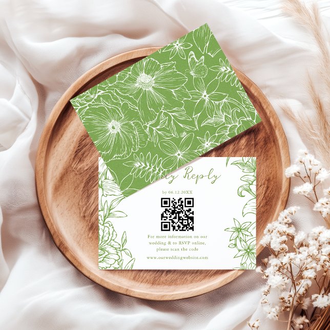Cartão RSVP Elegant Simple Citrus Green Floral QR Code Wedding (Criador carregado)