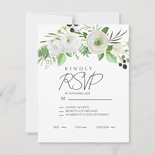 Cartão RSVP Elegant Simple White Floral Invitation (Frente)