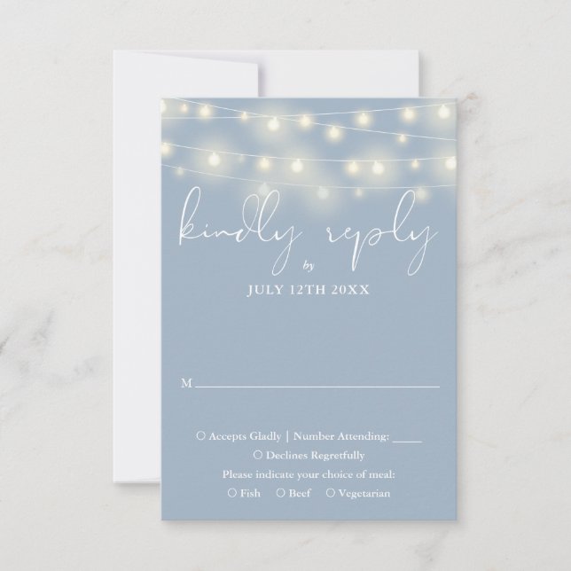 Cartão RSVP Elegant String Lights Dusty Blue Wedding (Frente)