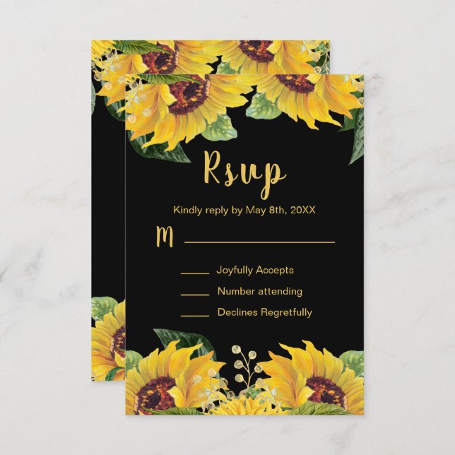 Cartão RSVP Elegant Sunflowers and Foliage Sweet Sixteen (Frente/Verso)