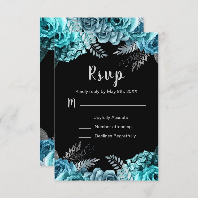 Cartão RSVP Elegant Teal Blue and Silver Flowers Sweet Sixteen (Frente/Verso)