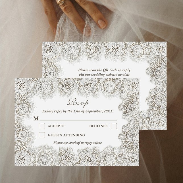 Cartão RSVP Elegant Timeless Lace Frame QR Code Wedding  (Criador carregado)