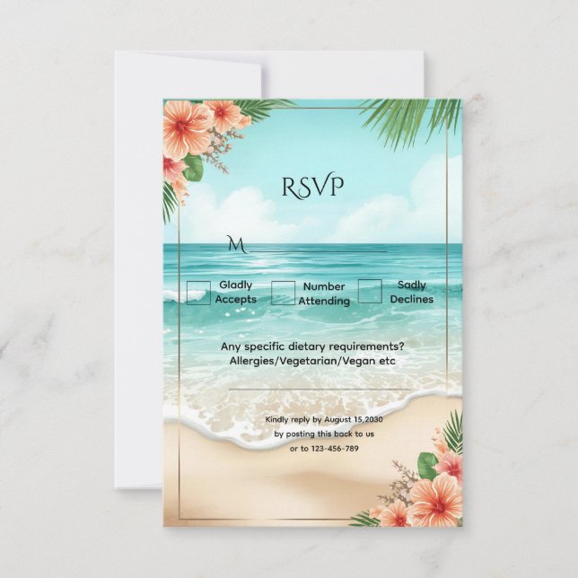 Cartão RSVP Elegant Tropical Coastal Hawaiian Beach Wedding (Frente)
